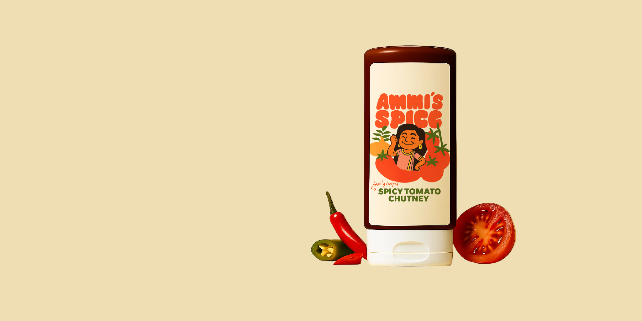 Ammi's Spice Spicy Tomato Chutney bottle with a orange background